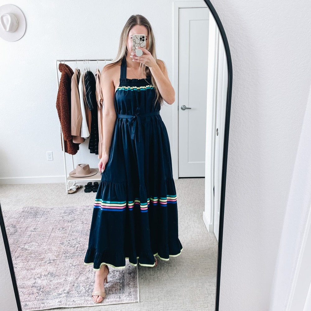 Mira Mikati Navy Blue Tiered Maxi Dress